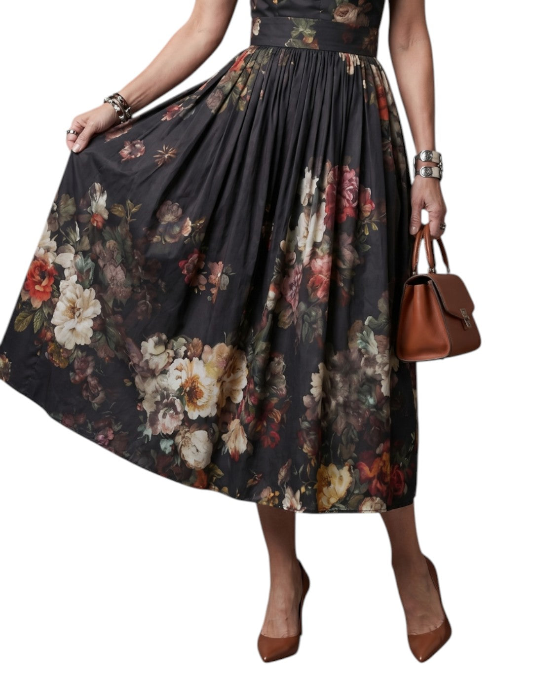 Greta | Rochie Midi Florală Plisată cu Guler Înalt și Decupaj