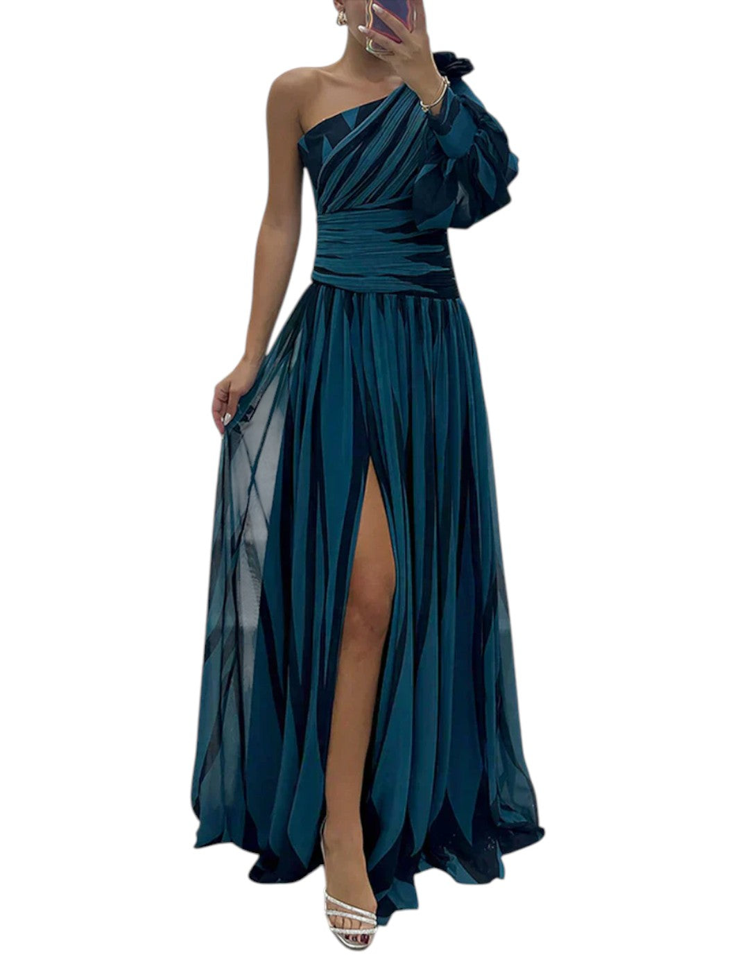 Hazel | Rochie Maxi Elegantă cu Dungi și Un Umăr