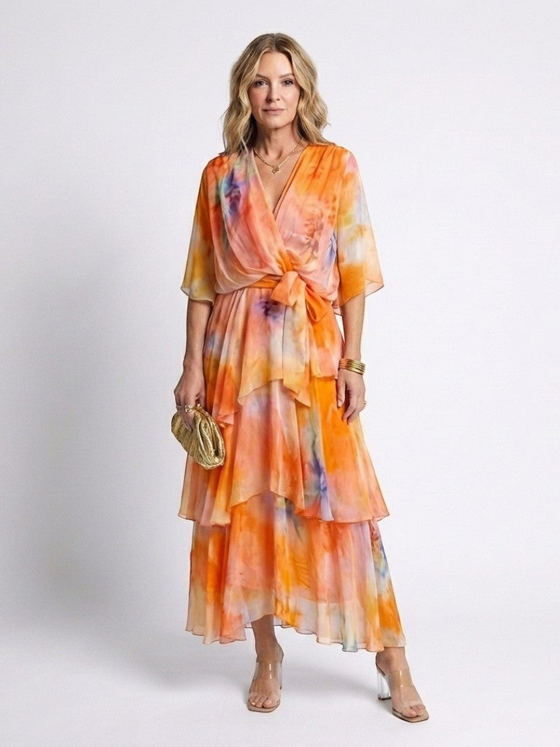 Calista - Rochie maxi cu decolteu în V, talie ajustabilă și straturi transparente