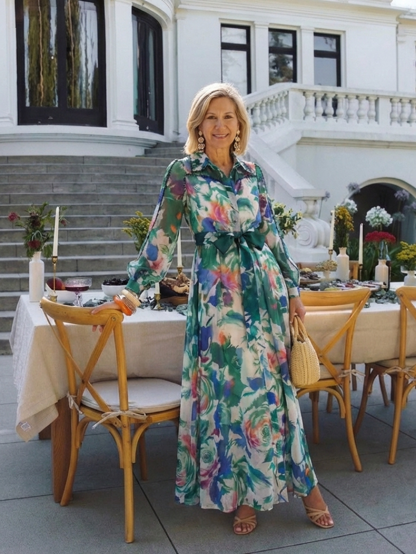 Carolina - Rochie Maxi cu Maneci Lungi și Curea cu Imprimat