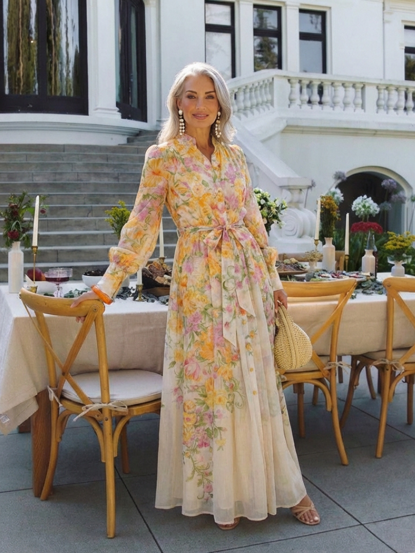 Cressida | Rochie maxi cu mâneci lungi dintr-un material floral delicat