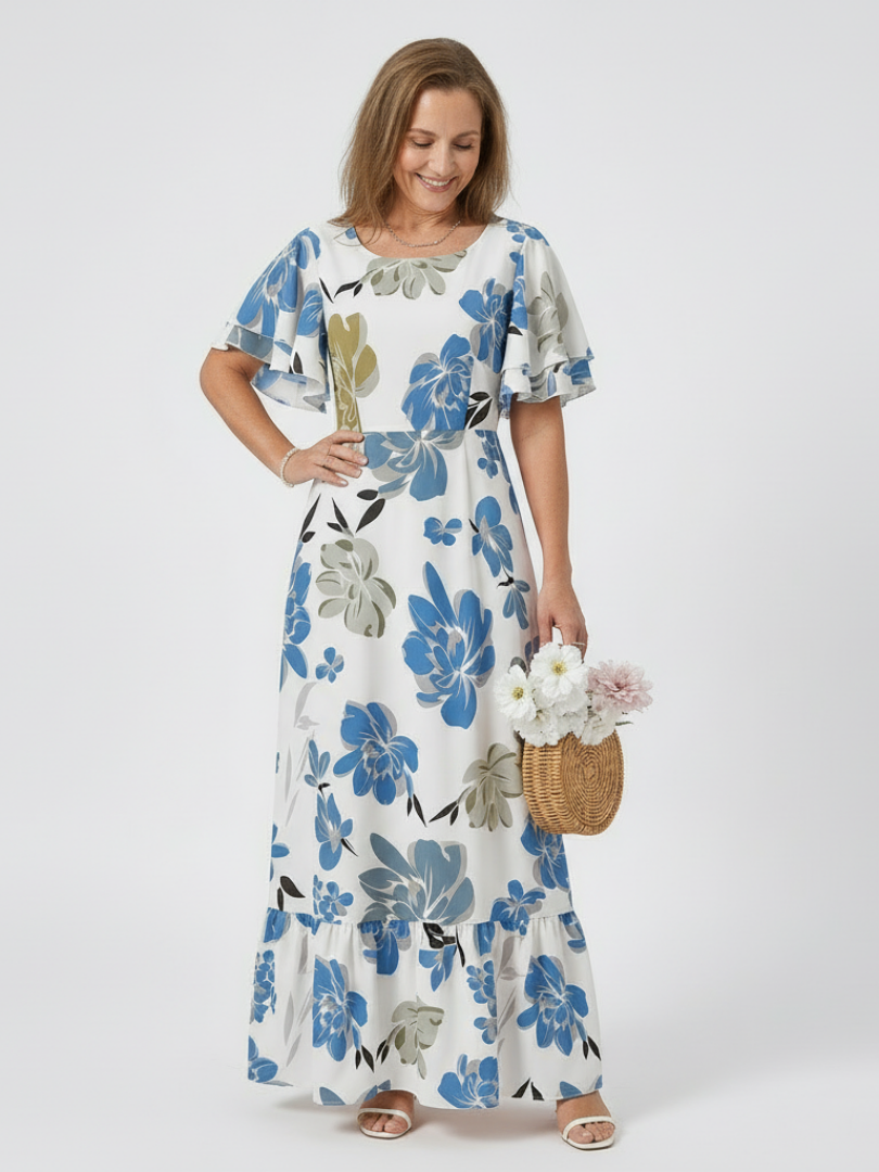 Elowen | Rochie maxi cu guler rotund și mâneci scurte