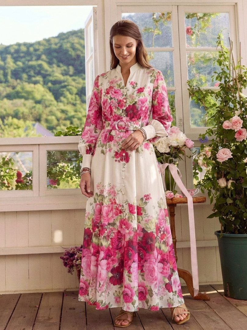 Rochie maxi Kennedy cu mâneci lungi, imprimeu floral și curea
