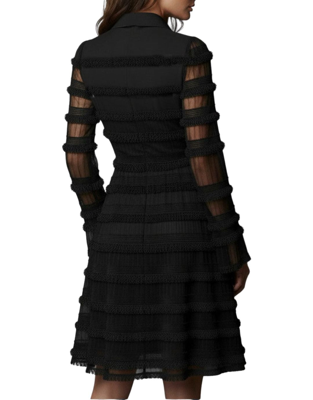 Rochie Midi Neagră cu Mâneci Transparente