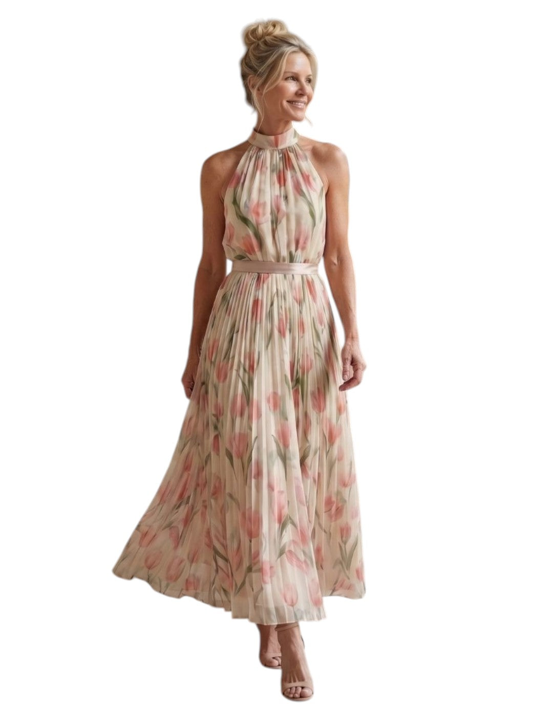 Aurelle | Rochie Midi cu Guler Halter și Model Floral