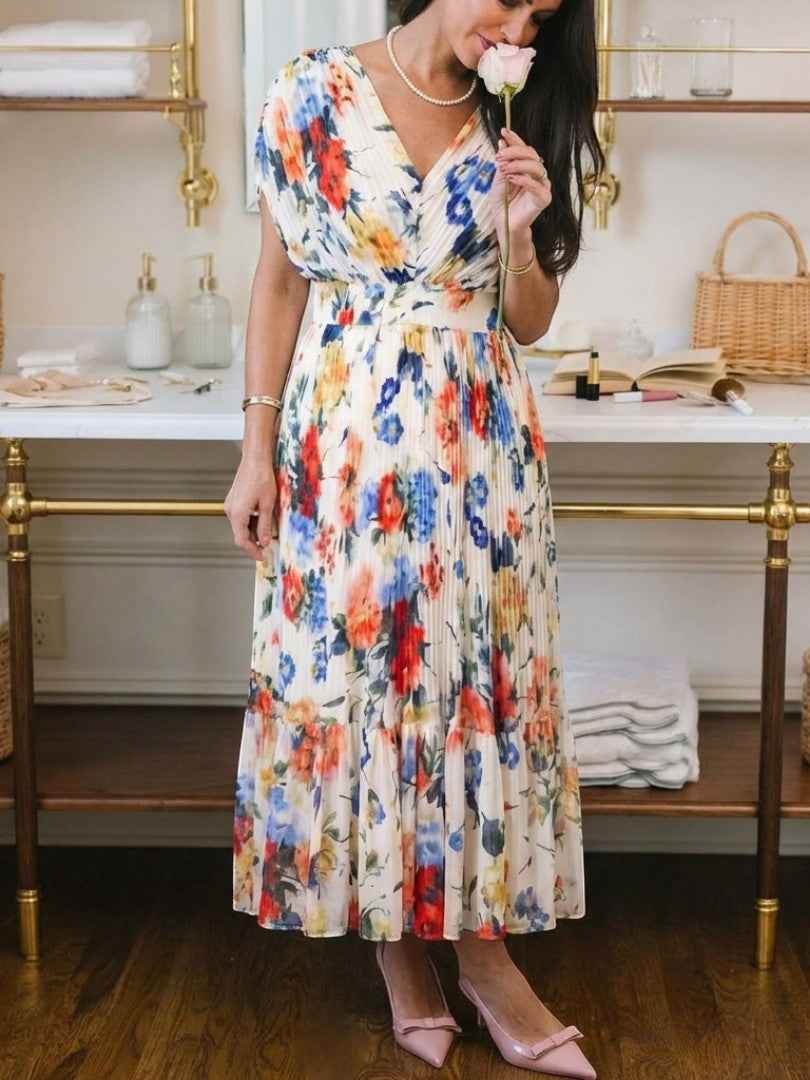 Rochie midi plisată florală Savannah cu mâneci scurte