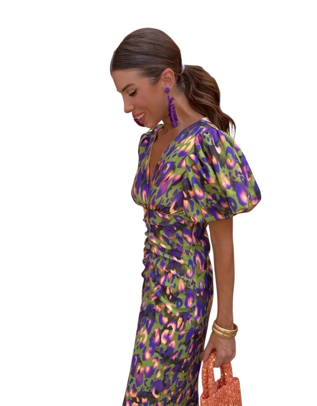 Aurora | Rochie Midi Vibrantă cu Mâneci Puff