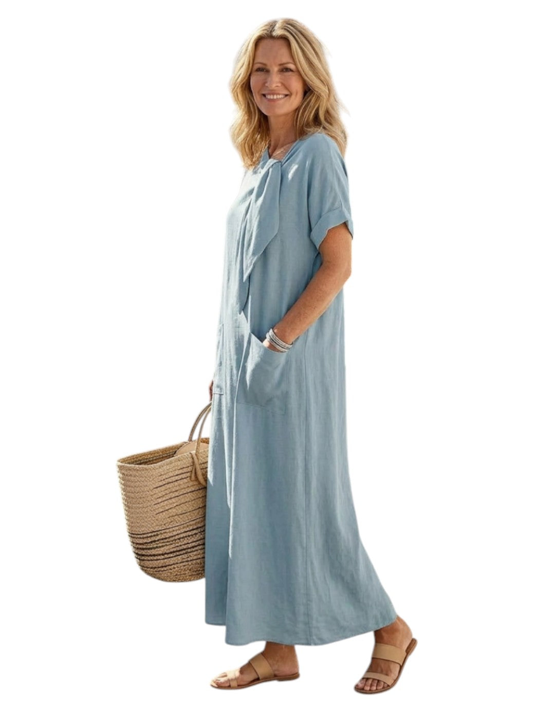 Elowyn | Rochie maxi cu guler rotund și mânecă scurtă, cu buzunare