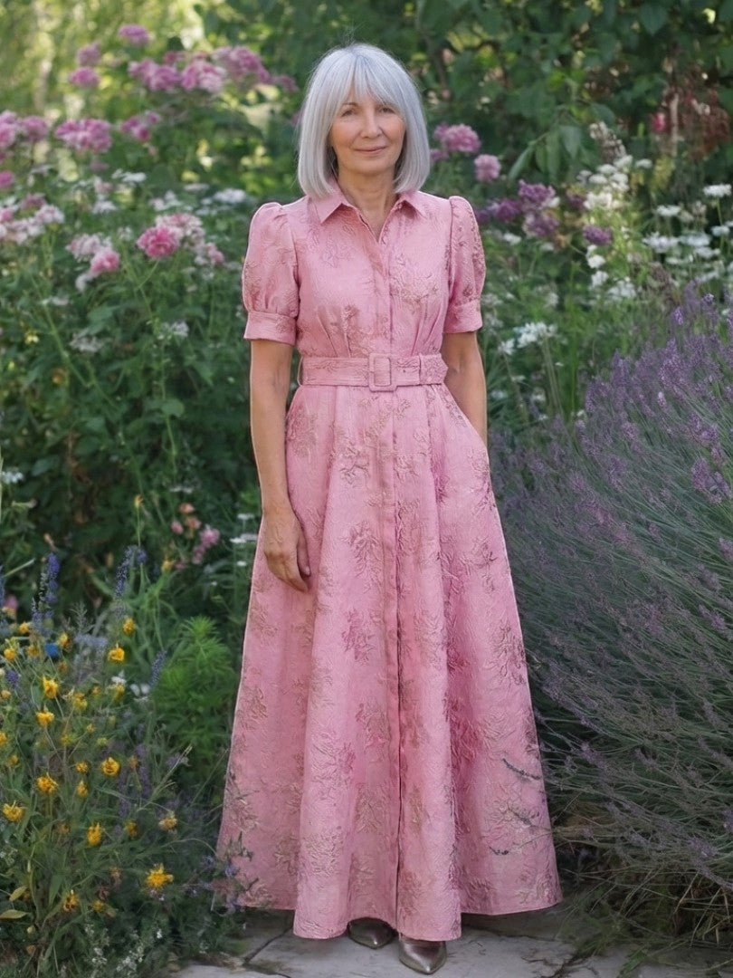 Xanthea - Rochie maxi cu mâneci scurte și curea, din material texturat cu imprimeu floral
