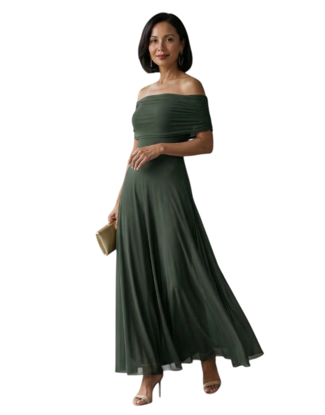 Iunie | Rochie Midi Drapată cu Umeri Decupați