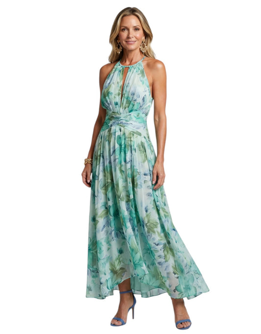 Portia | Rochie Midi cu Decolteu Halter și Model Floral Plisat