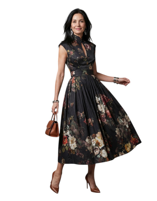 Greta | Rochie Midi Florală Plisată cu Guler Înalt și Decupaj