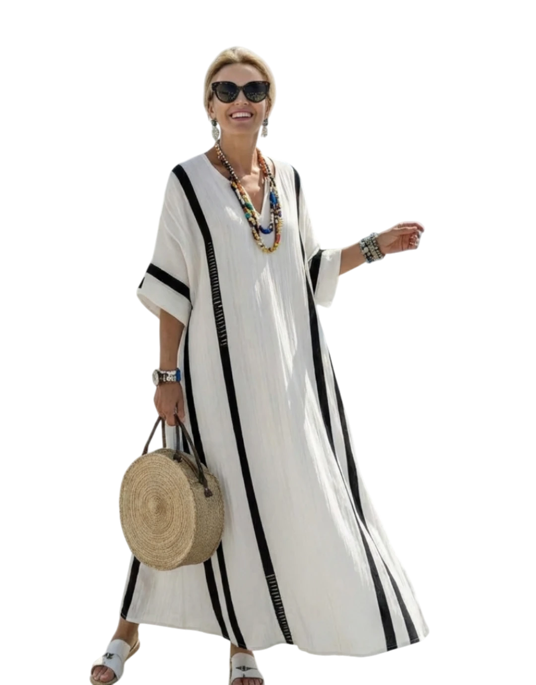 Elvienne | Rochie maxi cu mânecă scurtă, cu blocuri de culoare și dungi