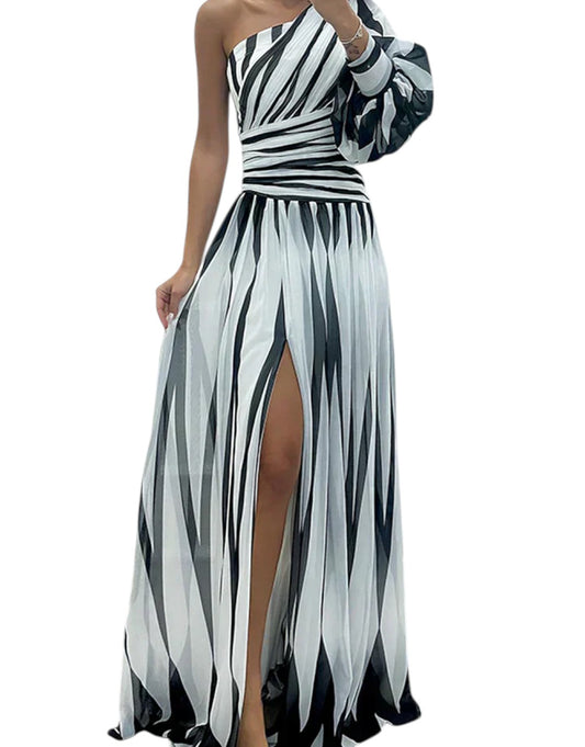 Hazel | Rochie Maxi Elegantă cu Dungi și Un Umăr