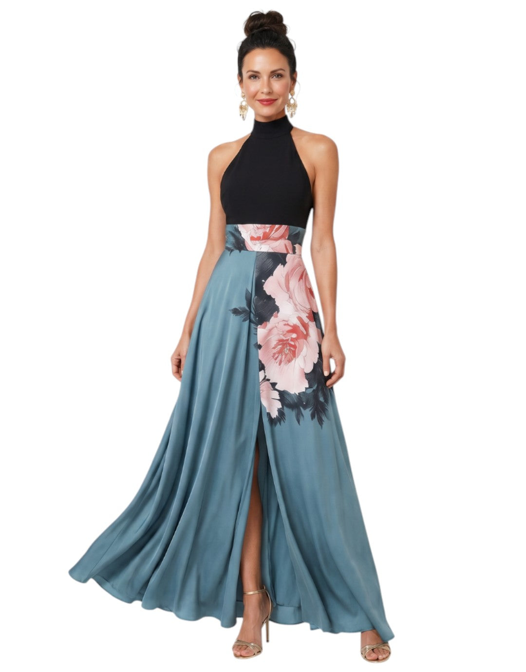 Olympas | Rochie Maxi cu Bustieră Halter și Fustă Florală