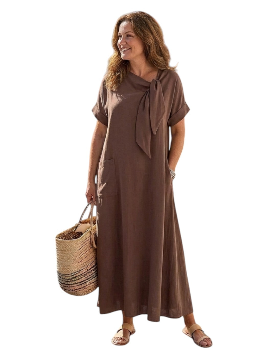 Tivara | Rochie midi cu mânecă scurtă și guler legat