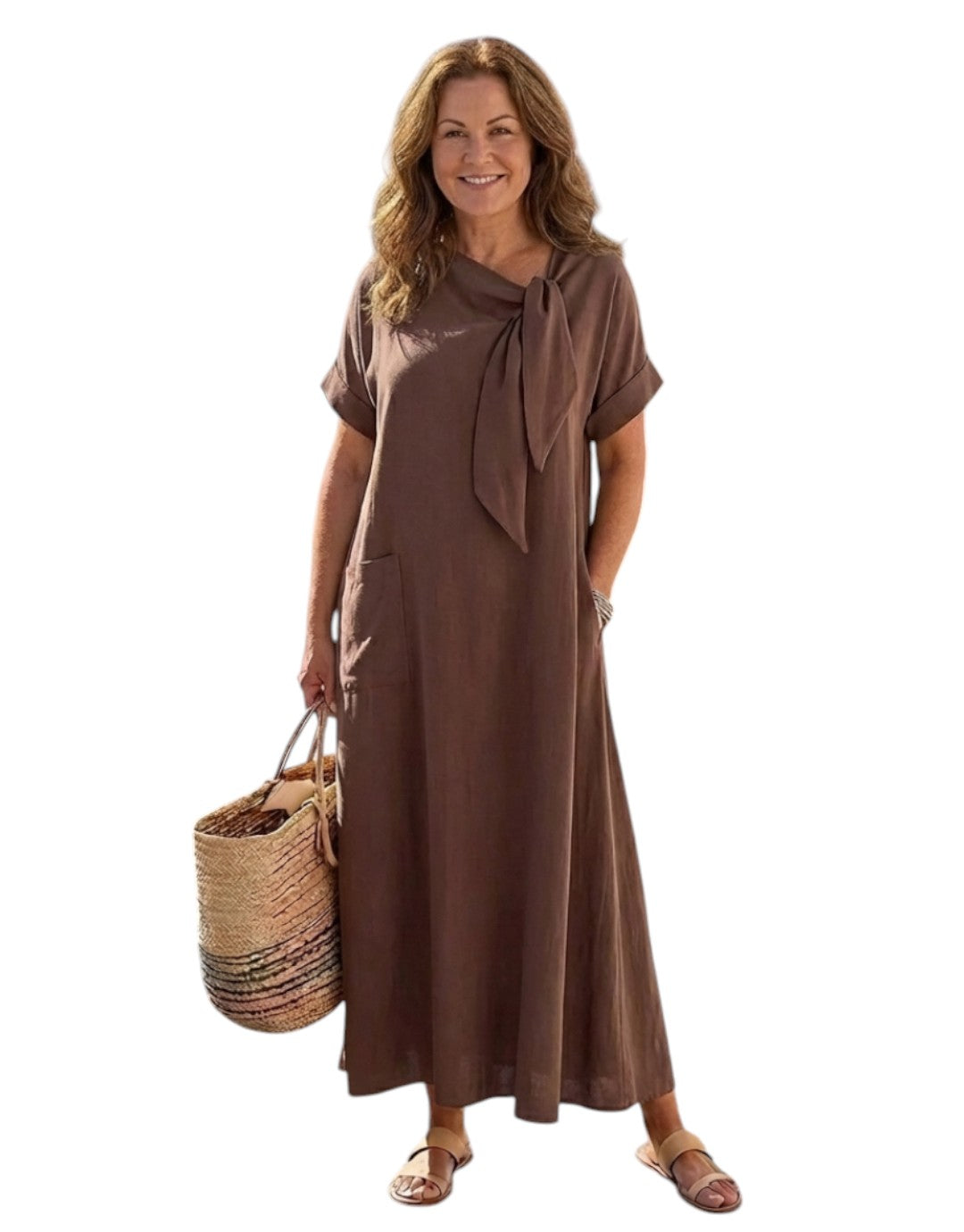 Tivara | Rochie midi cu mânecă scurtă și guler legat