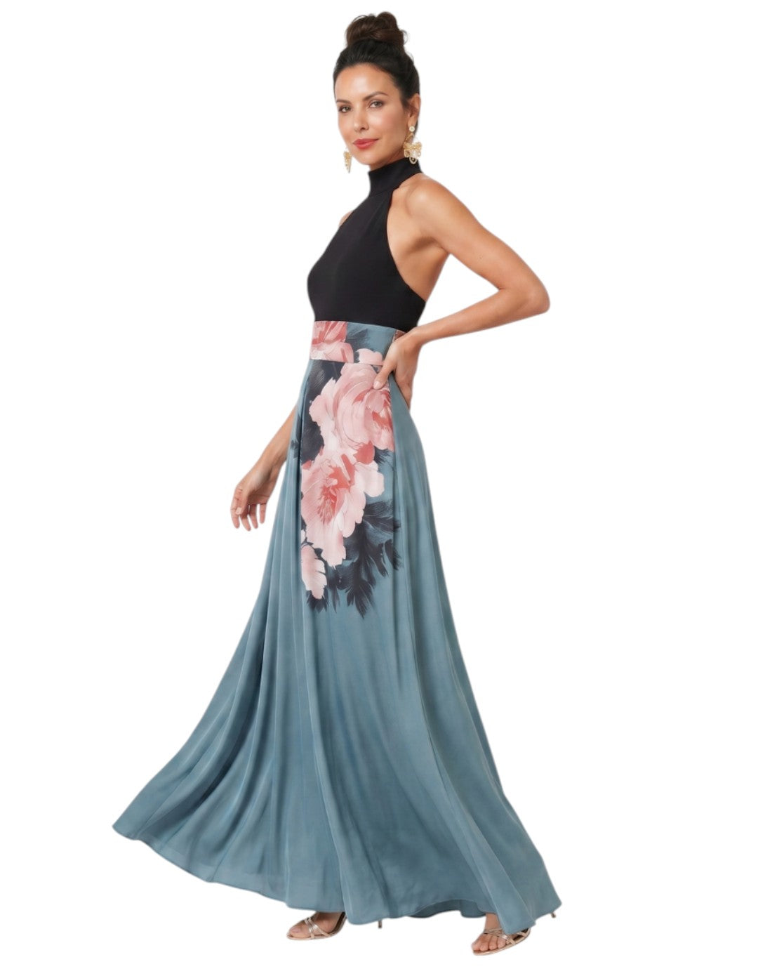 Olympas | Rochie Maxi cu Bustieră Halter și Fustă Florală
