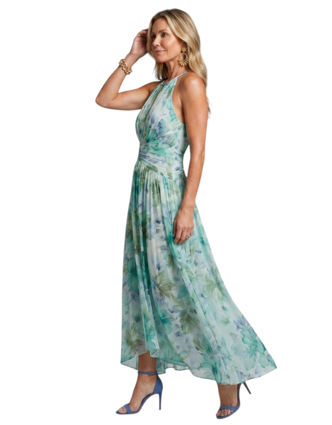 Portia | Rochie Midi cu Decolteu Halter și Model Floral Plisat