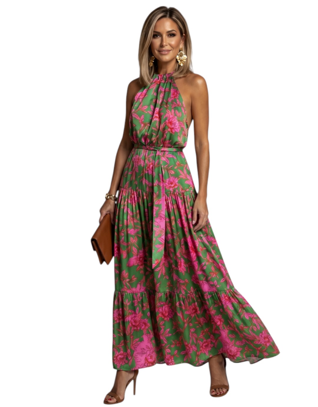 Rowen | Rochie Midi Drapată cu Guler Halter