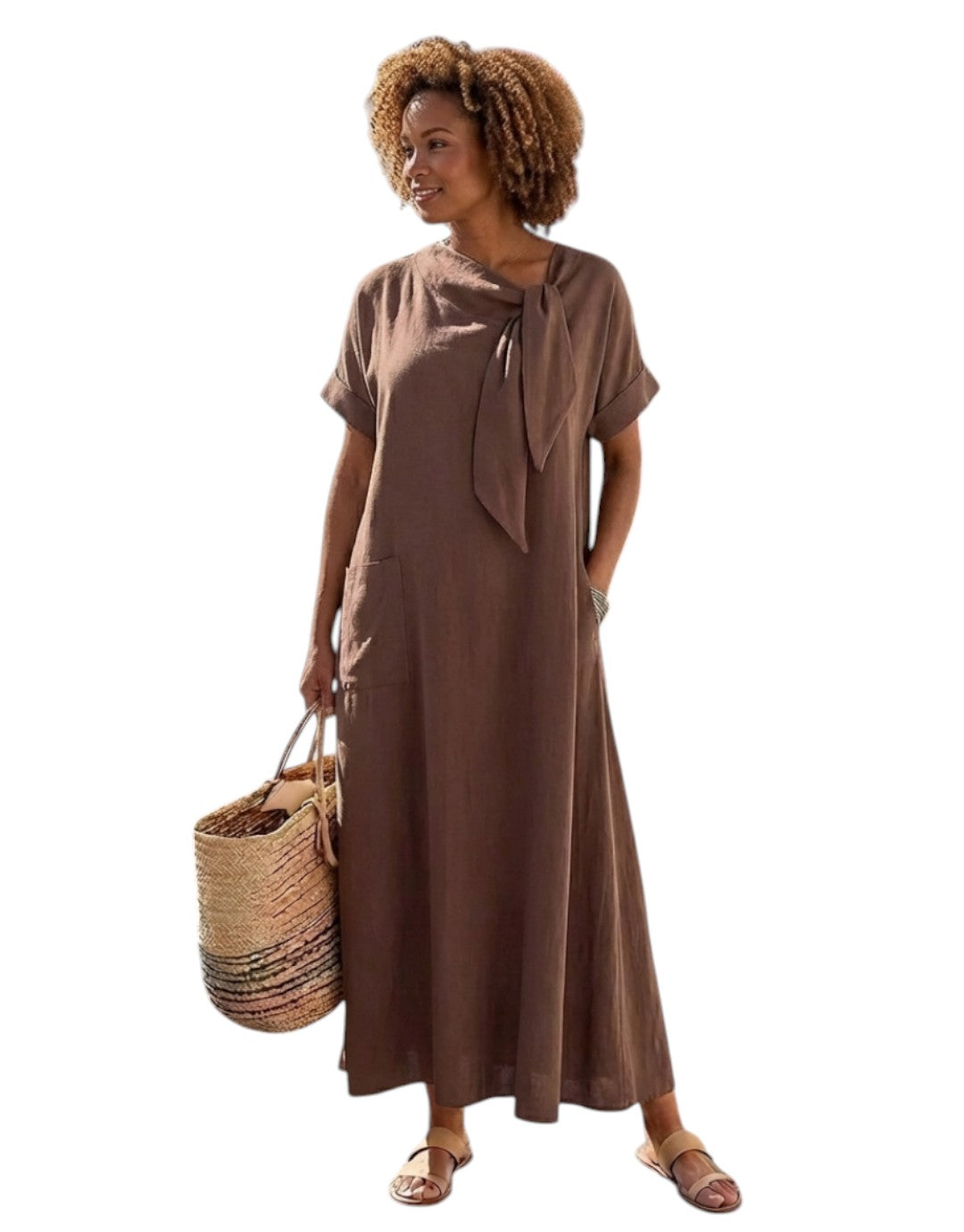 Tivara | Rochie midi cu mânecă scurtă și guler legat
