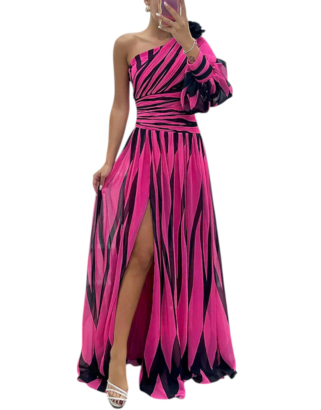 Hazel | Rochie Maxi Elegantă cu Dungi și Un Umăr