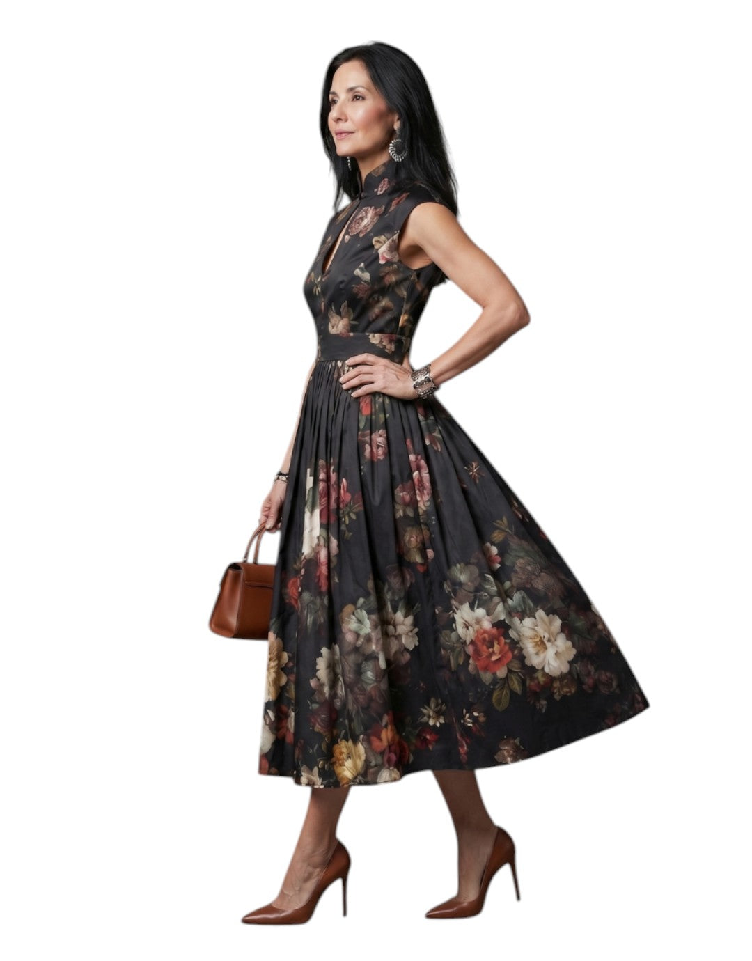 Greta | Rochie Midi Florală Plisată cu Guler Înalt și Decupaj