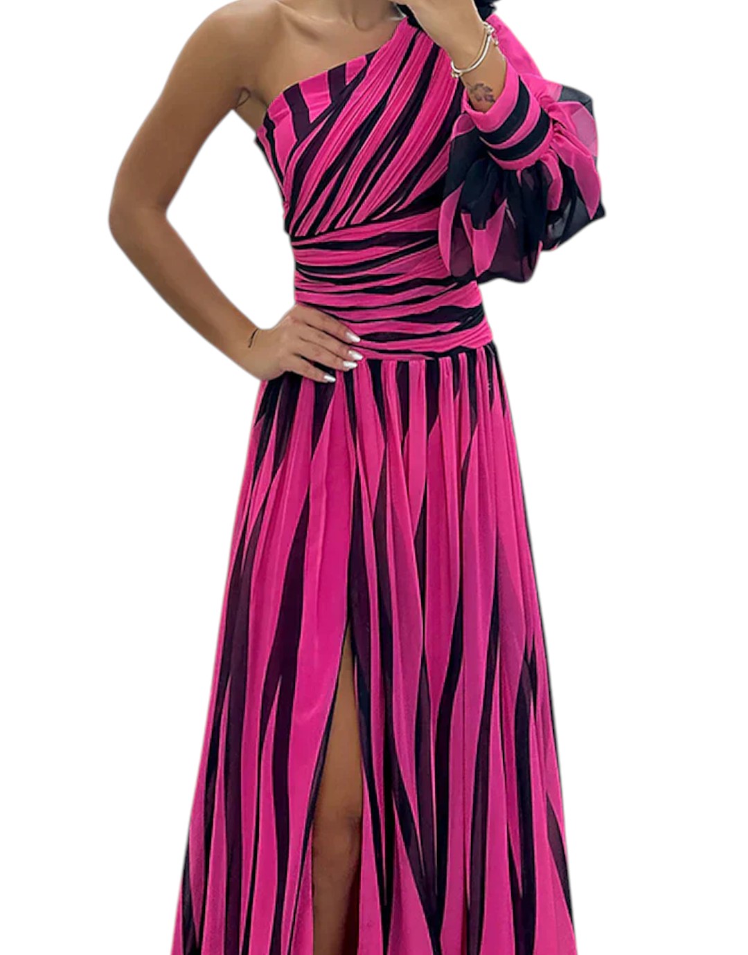 Hazel | Rochie Maxi Elegantă cu Dungi și Un Umăr