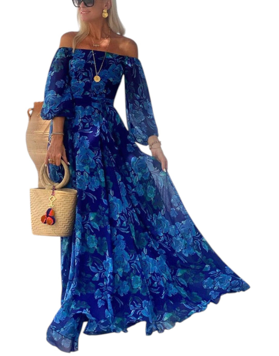 Luna | Rochie lungă cu imprimeu floral și mâneci căzute