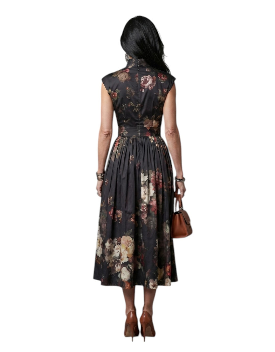 Greta | Rochie Midi Florală Plisată cu Guler Înalt și Decupaj