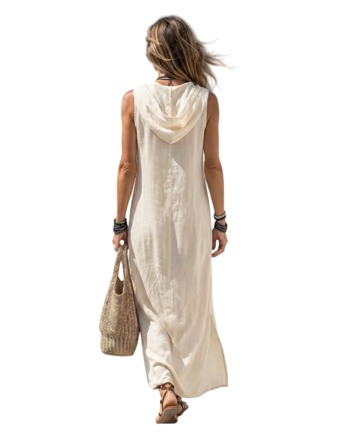 Marune | Rochie Maxi fără Mâneci cu Buton și Glugă