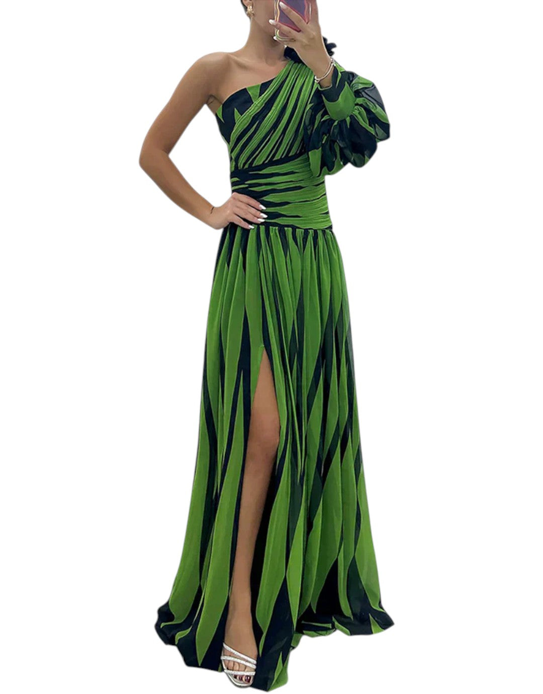 Hazel | Rochie Maxi Elegantă cu Dungi și Un Umăr