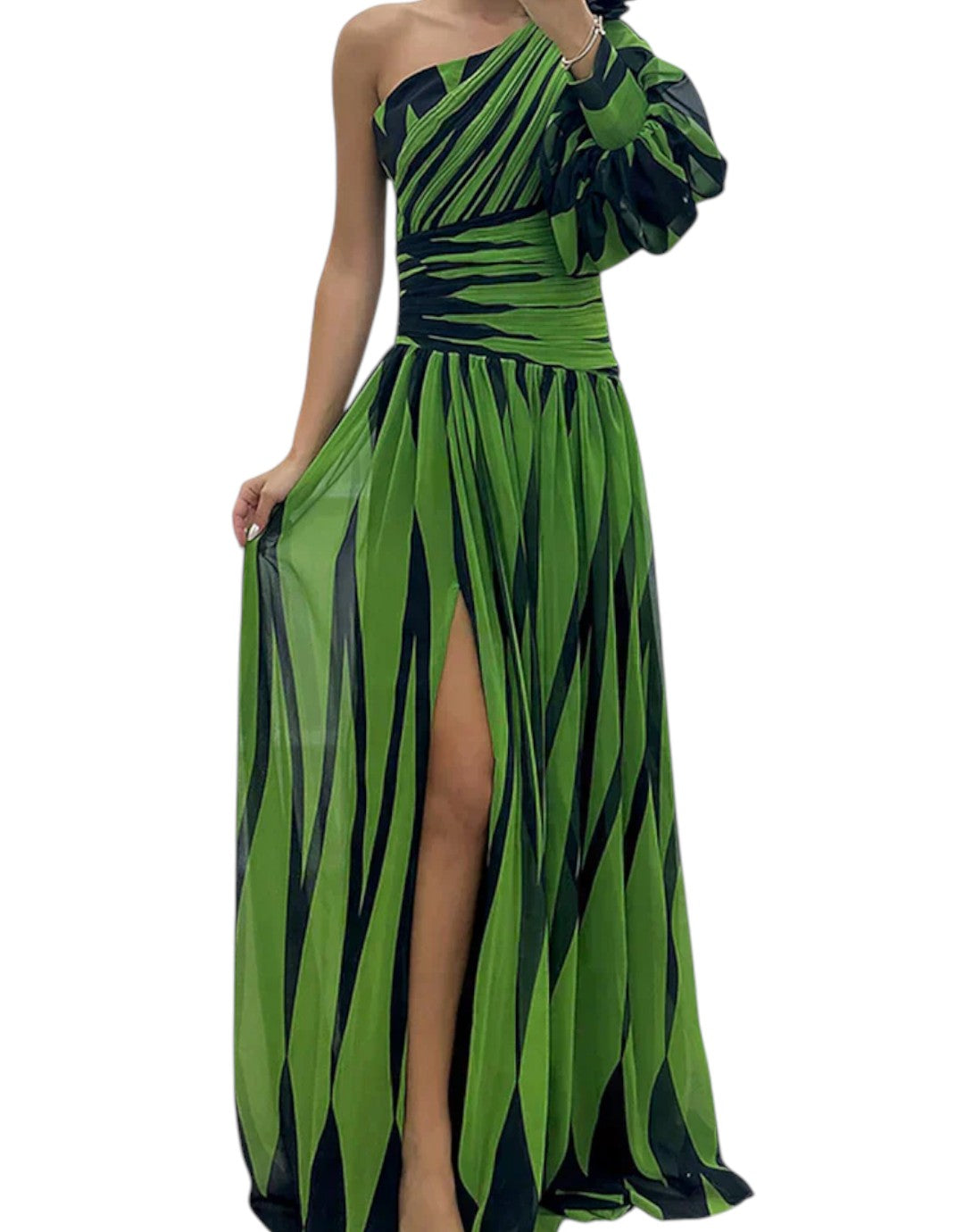 Hazel | Rochie Maxi Elegantă cu Dungi și Un Umăr