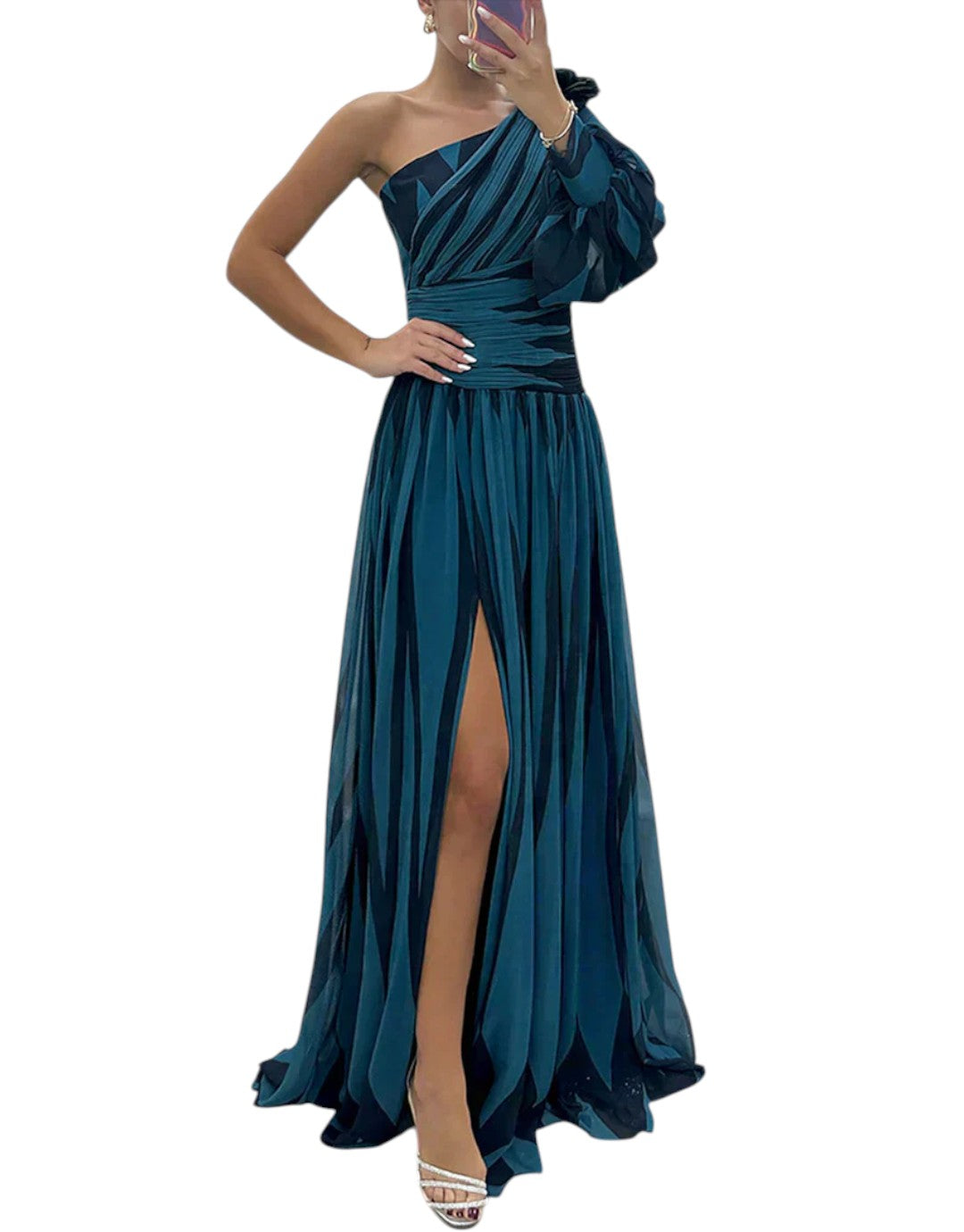 Hazel | Rochie Maxi Elegantă cu Dungi și Un Umăr