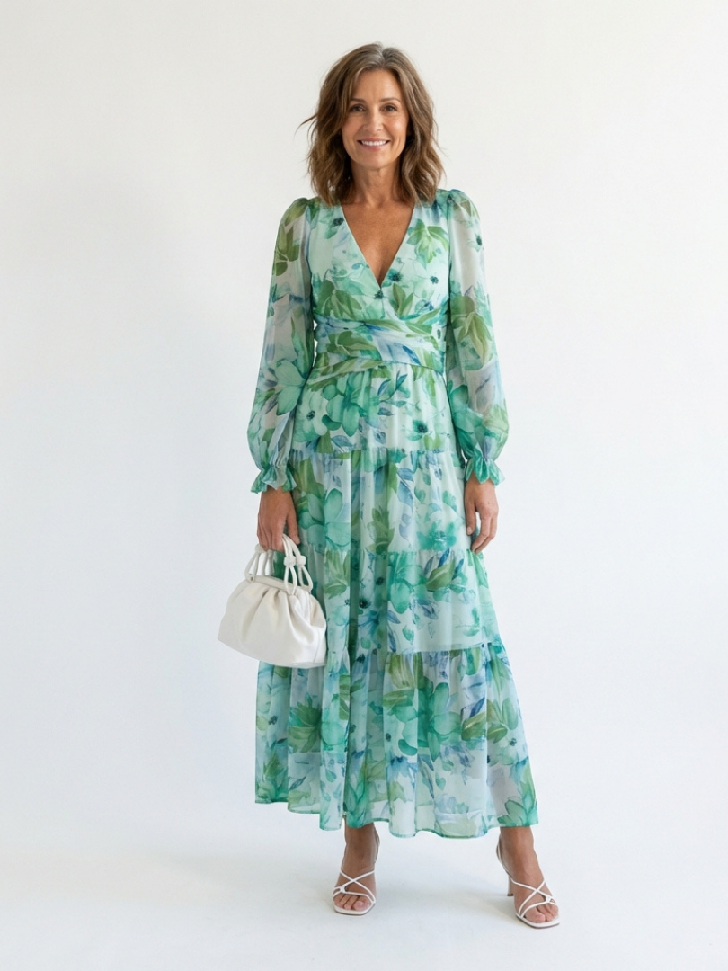 Althea | Rochie Maxi Florală cu Mâneci Lungi