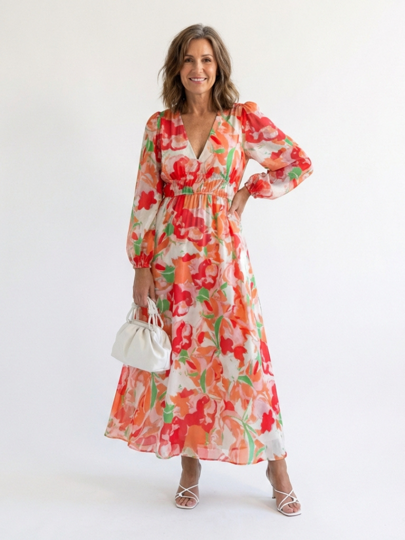 Althea | Rochie Maxi Florală cu Mâneci Lungi