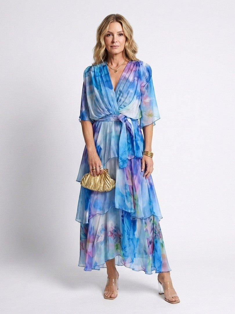 Calista - Rochie maxi cu decolteu în V, talie ajustabilă și straturi transparente