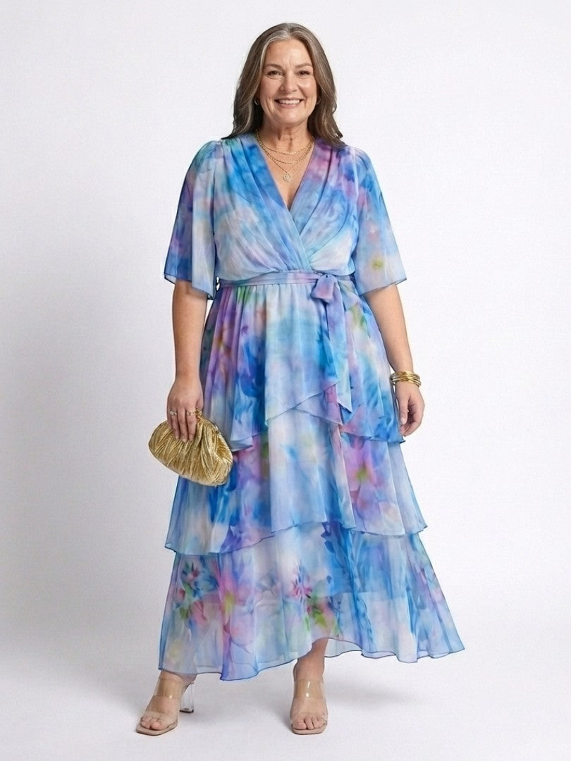 Calista - Rochie maxi cu decolteu în V, talie ajustabilă și straturi transparente