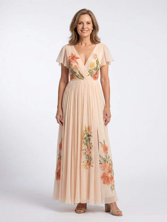 Calista | Rochie maxi florală plisată cu decolteu în V și mâneci scurte