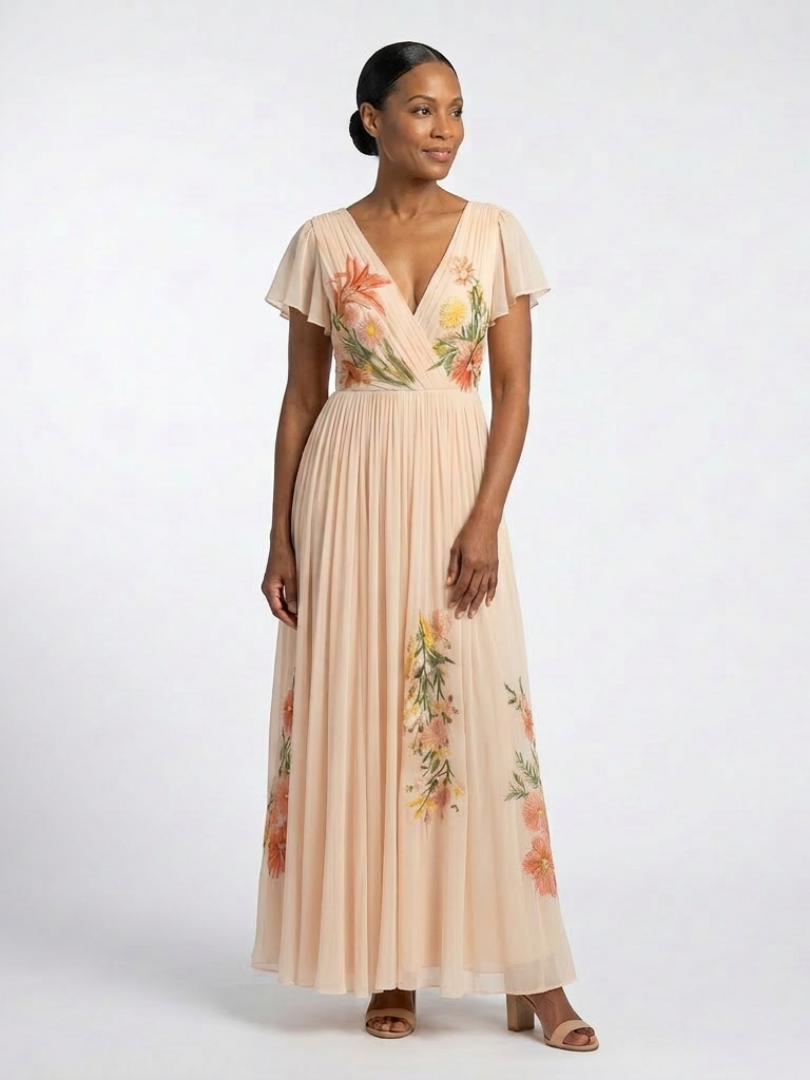 Calista | Rochie maxi florală plisată cu decolteu în V și mâneci scurte