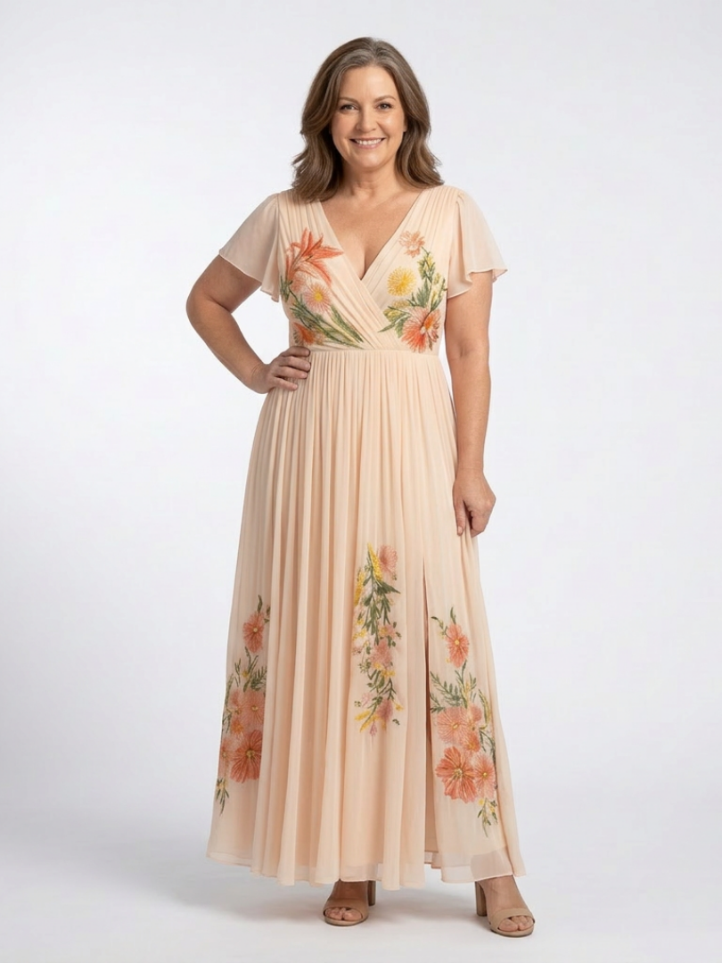 Calista | Rochie maxi florală plisată cu decolteu în V și mâneci scurte