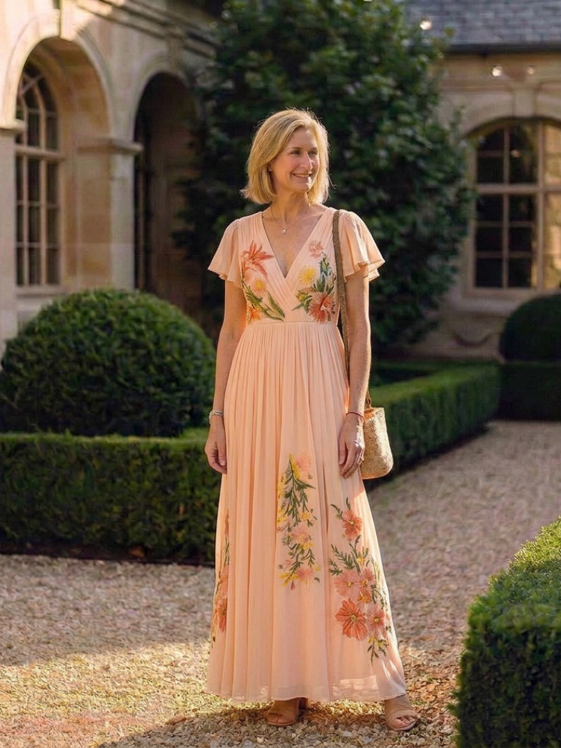 Calista | Rochie maxi florală plisată cu decolteu în V și mâneci scurte