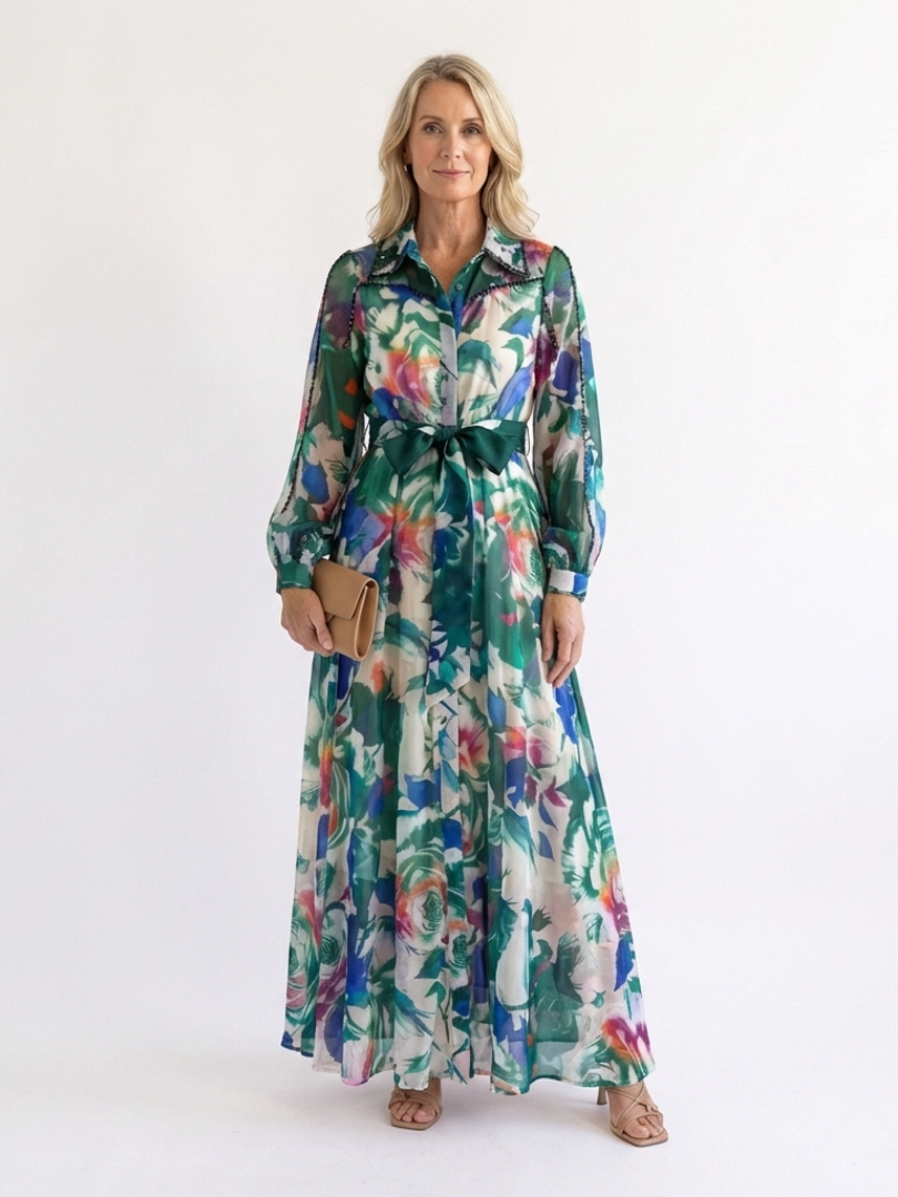 Carolina - Rochie Maxi cu Maneci Lungi și Curea cu Imprimat