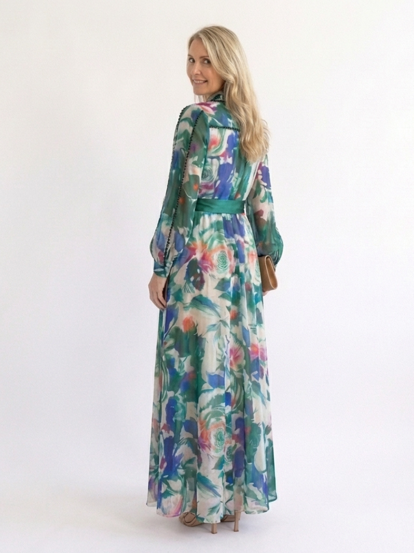 Carolina - Rochie Maxi cu Maneci Lungi și Curea cu Imprimat