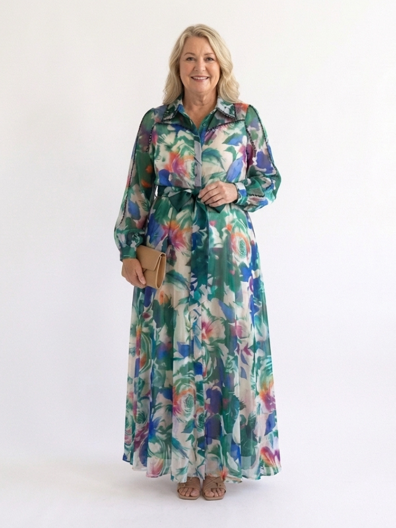 Carolina - Rochie Maxi cu Maneci Lungi și Curea cu Imprimat