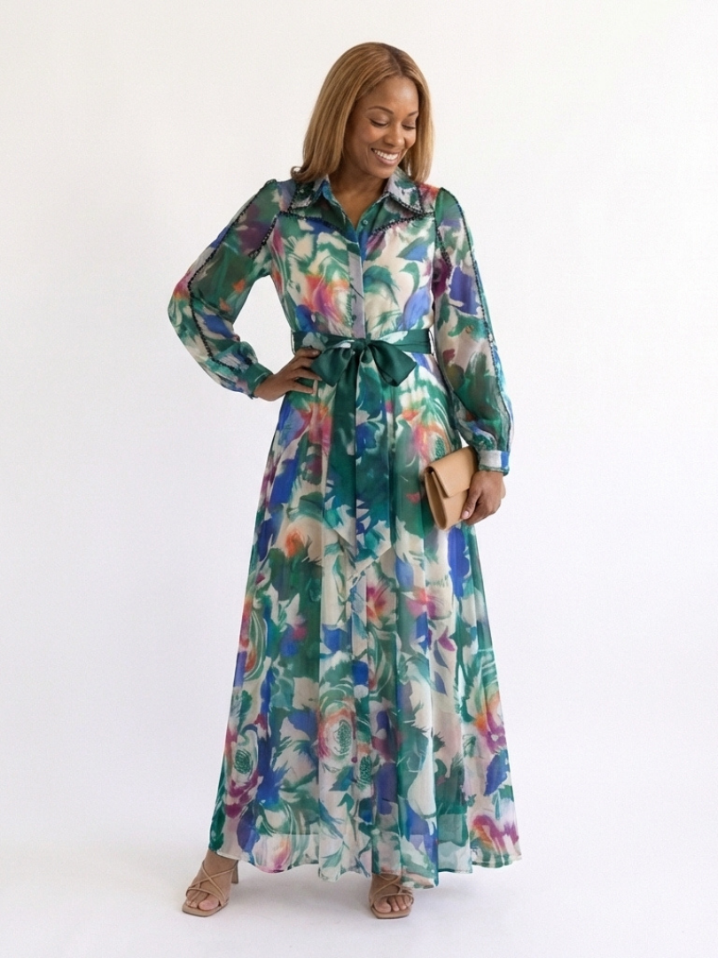 Carolina - Rochie Maxi cu Maneci Lungi și Curea cu Imprimat