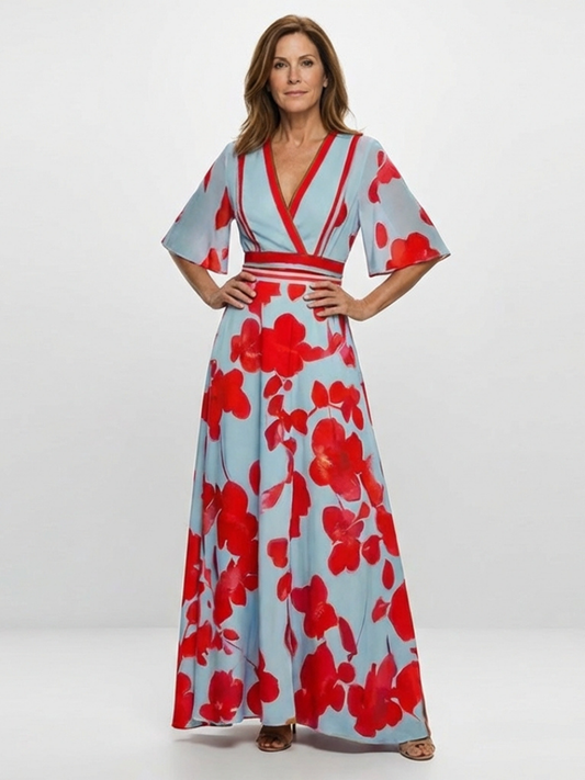Corinne | Rochie Maxi Florală cu Mâneci Scurte și Decolteu în V