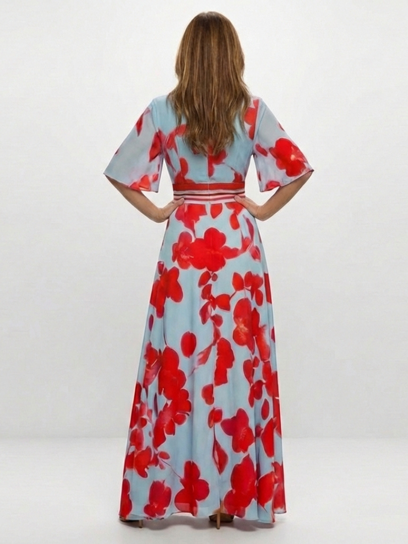 Corinne | Rochie Maxi Florală cu Mâneci Scurte și Decolteu în V