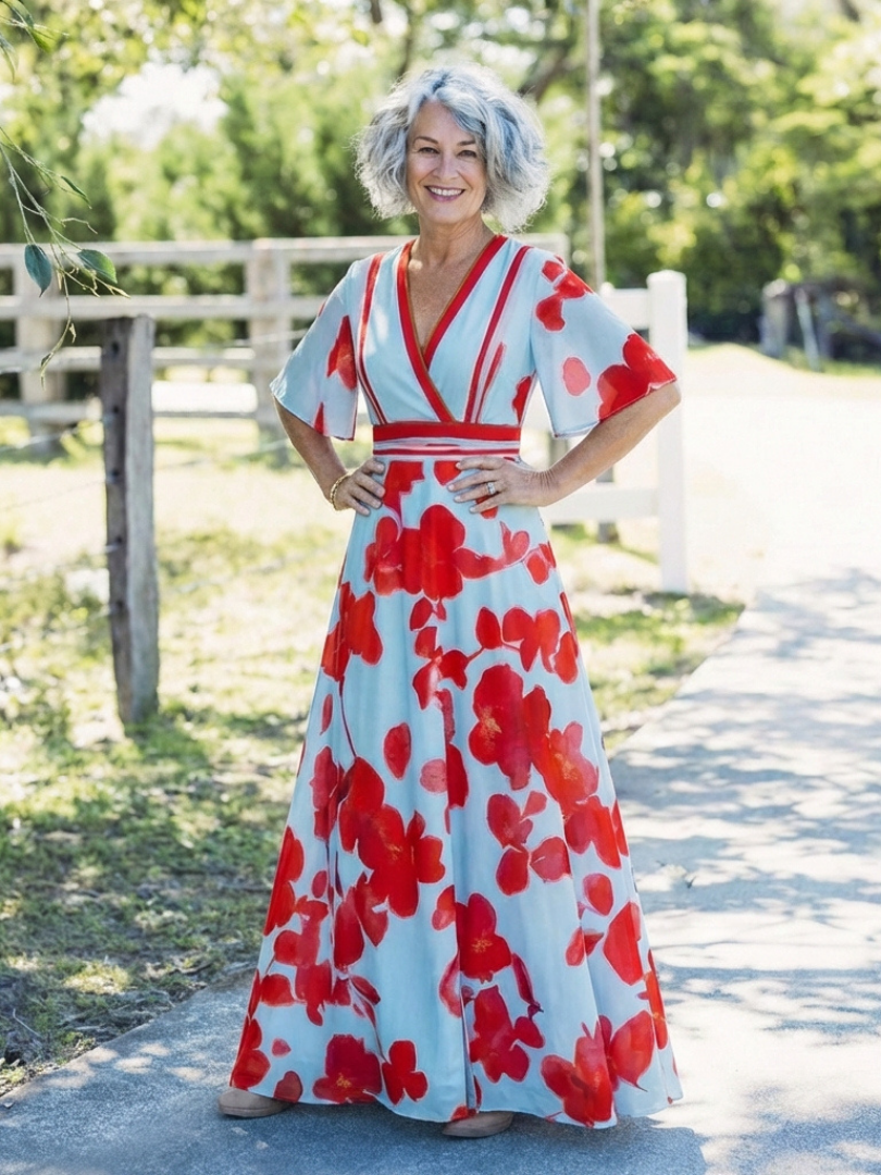 Corinne | Rochie Maxi Florală cu Mâneci Scurte și Decolteu în V