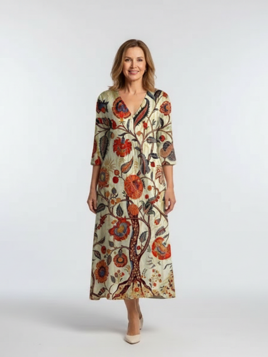 Corisande | Rochie Midi Florală cu Mâneci Lungi și Decolteu în V